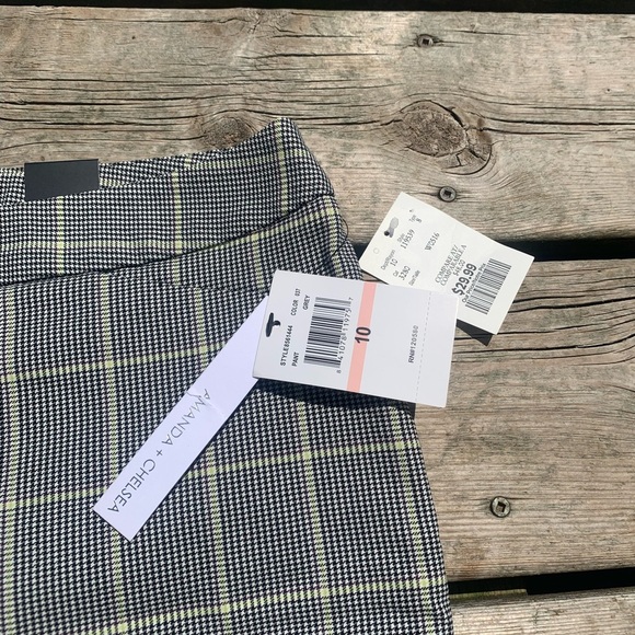 Amanda & Chelsea Plaid Slim Fit Trousers - Black/White/Lime Green Accent Size 10 - Picture 4 of 7